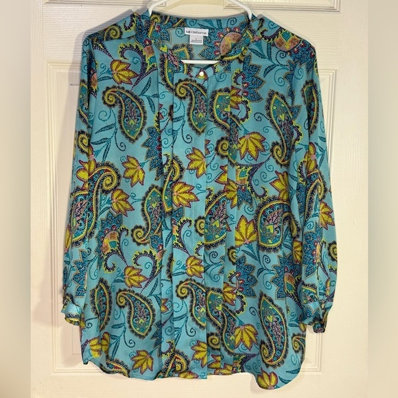 LIZ‎ CLAIBORNE TEAL/AQUA/PINK/YELLOW PAISLEY HIDDEN BUTTON TUNIC TOP SIZE L - Picture 1 of 4